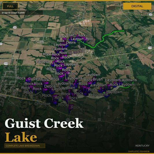 Map of Guist Creek Lake with fishing spots marked on a digital display.