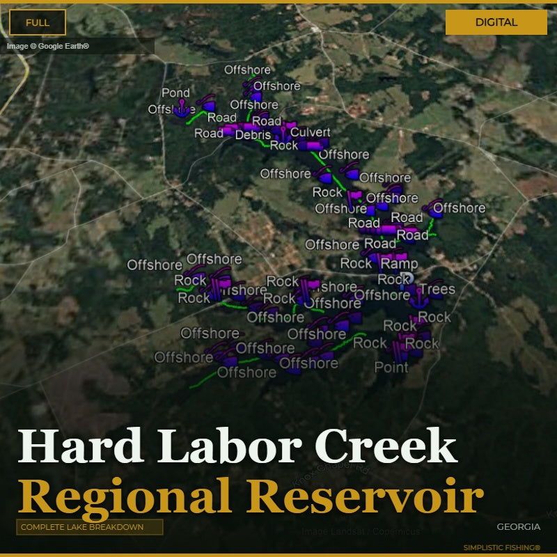 Map of Hard Labor Creek Regional Reservoir with various markers on a digital display.