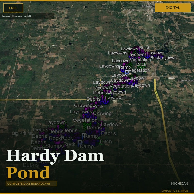 Map of Hardy Dam Pond with labeled features on a digital background