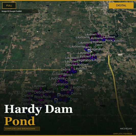 Map of Hardy Dam Pond with labeled features on a digital background