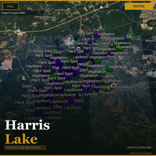 Map of Harris Lake with various fishing spots labeled on a digital interface.