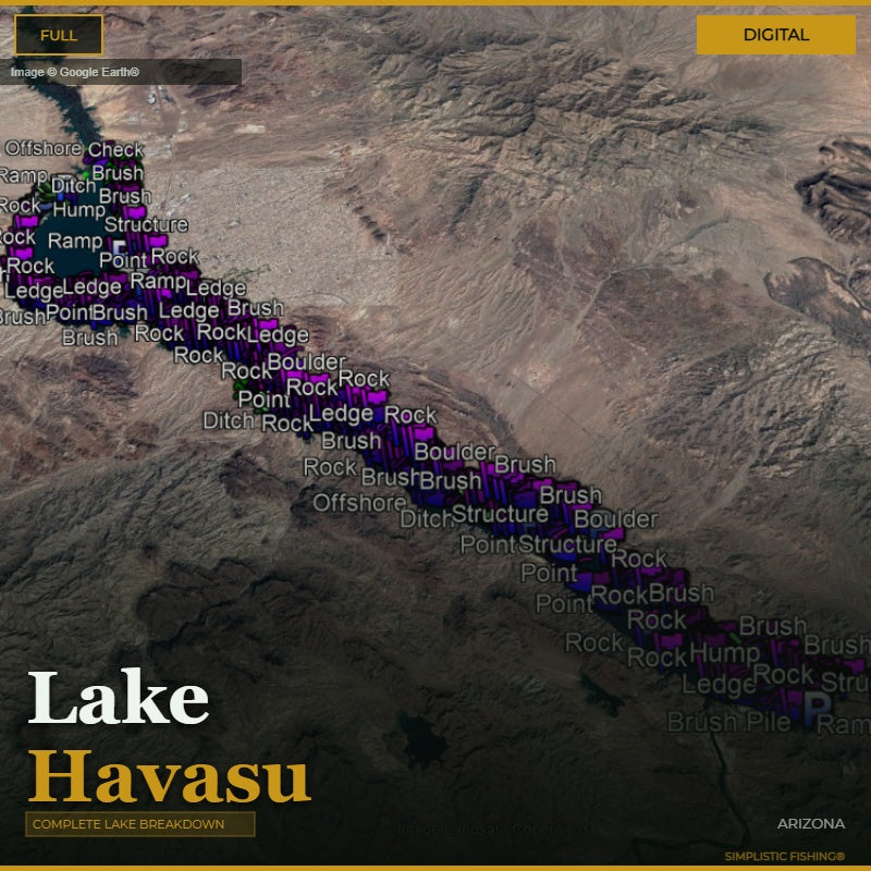 Map of Lake Havasu, Arizona with bass fishing waypoints and structure labeled on a digital display.