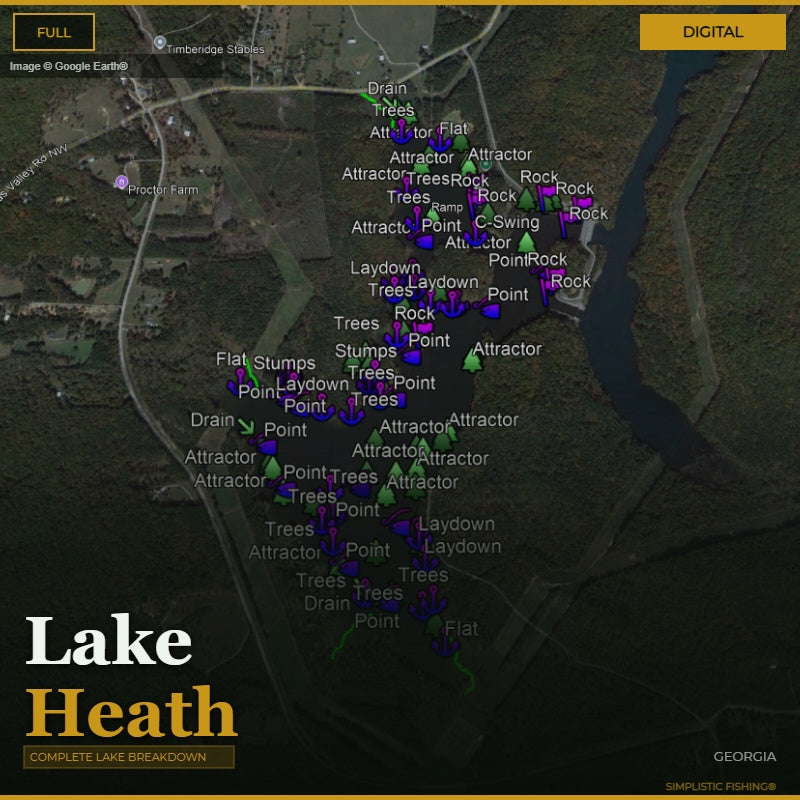 Map of Heath Lake, Georgia with bass fishing waypoints and structure labeled on a digital display.