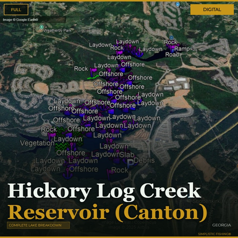Map of Hickory Log Creek Reservoir with various markers and labels on a digital interface.
