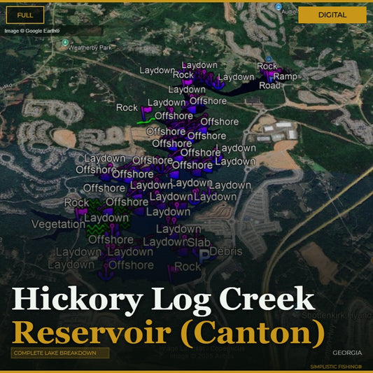 Map of Hickory Log Creek Reservoir with various markers and labels on a digital interface.