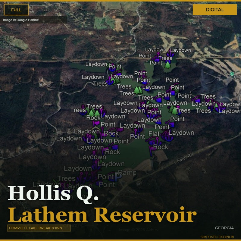 Map of Hollis Q. Latham Reservoir with laydown points and features labeled
