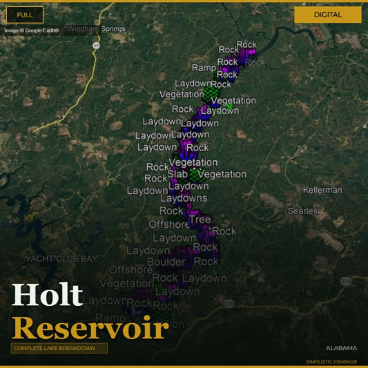 Map of Holt Reservoir with fishing spots marked on a digital display.