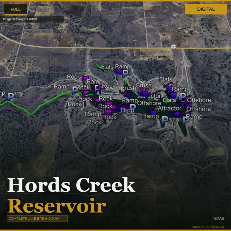 Map of Hords Creek Reservoir with various fishing spots labeled