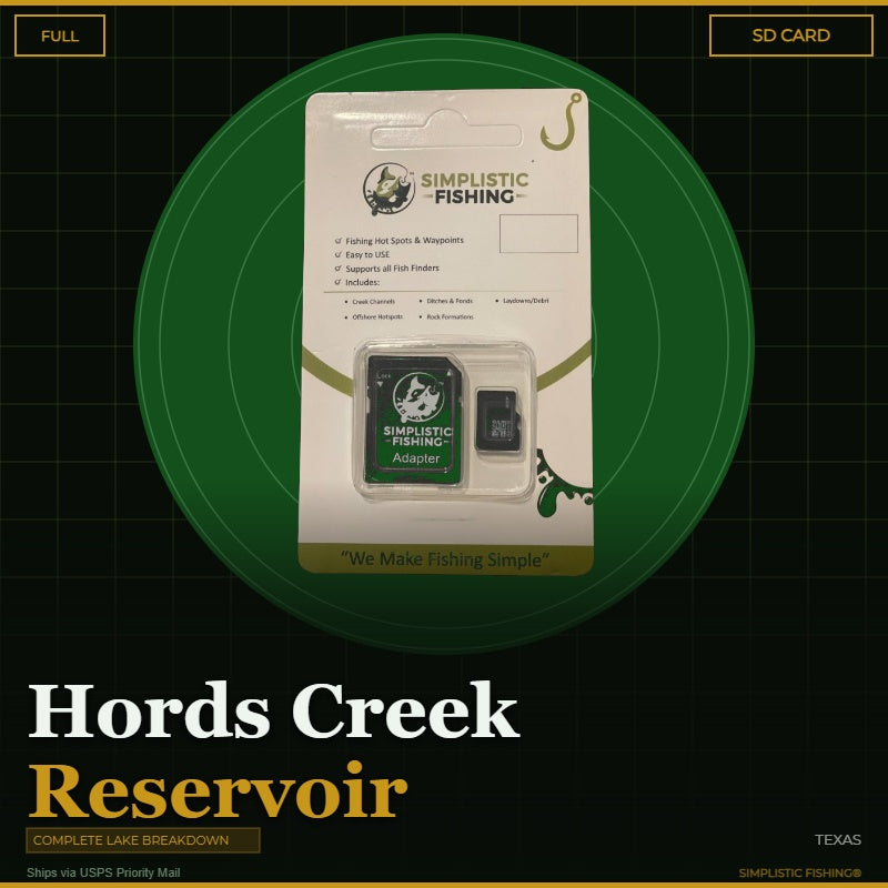Product packaging for Simplistic Fishing on a dark background with 'Hords Creek Reservoir' text.