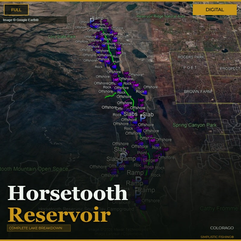 Google Earth map of Horsetooth Reservoir, CO with Simplistic Fishing bass fishing waypoints marked — offshore structure, rock, ramps and creek channels.