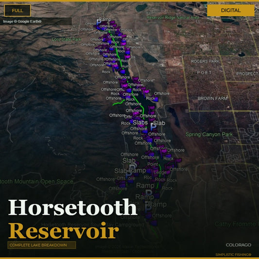 Google Earth map of Horsetooth Reservoir, CO with Simplistic Fishing bass fishing waypoints marked — offshore structure, rock, ramps and creek channels.