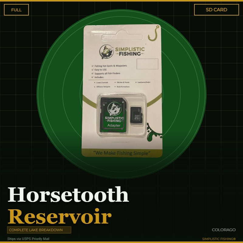 Simplistic Fishing SD card and adapter kit in retail packaging on a dark green circular graphic with 'Horsetooth Reservoir' text below.