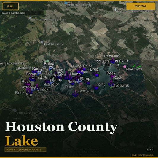 Map of Houston County Lake with various points of interest marked on a green background.