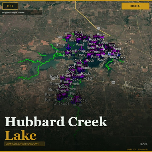Map of Hubbard Creek Lake with labeled features on a digital display.