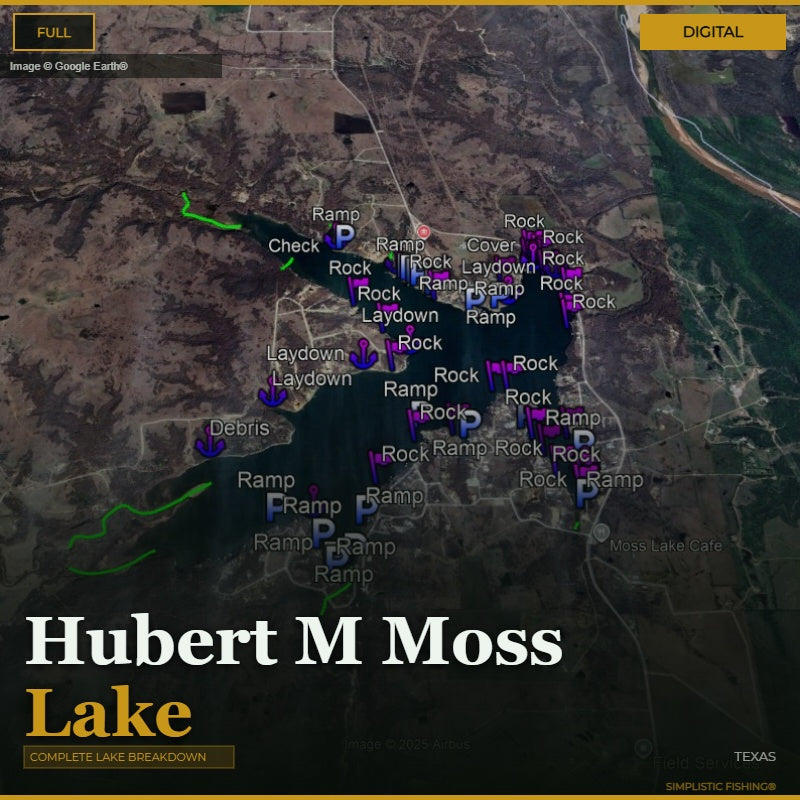 Map of Hubert M Moss Lake with various fishing spots marked on a digital display.