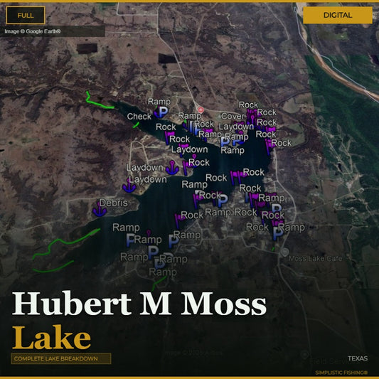Map of Hubert M Moss Lake with various fishing spots marked on a digital display.