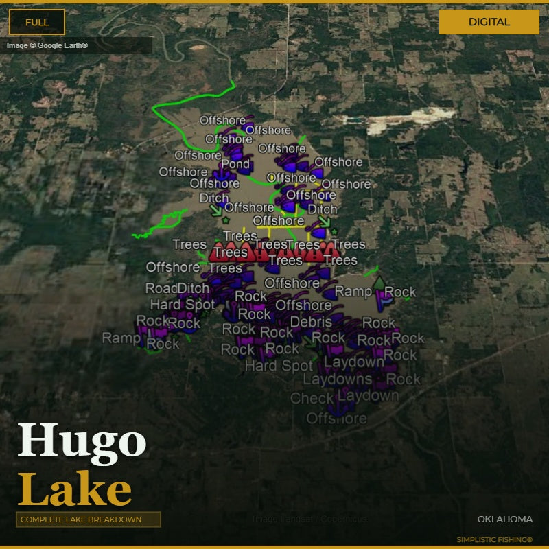Map of Hugo Lake with various fishing spots labeled on a digital display.