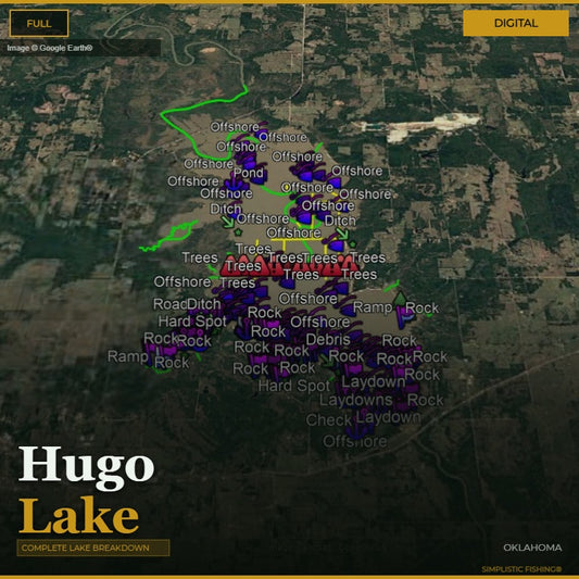 Map of Hugo Lake with various fishing spots labeled on a digital display.