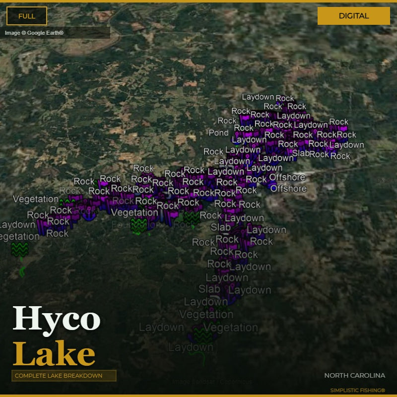 Map of Hycos Lake with fishing spots labeled on a digital display.