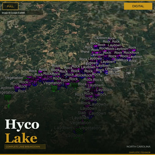 Map of Hycos Lake with fishing spots labeled on a digital display.