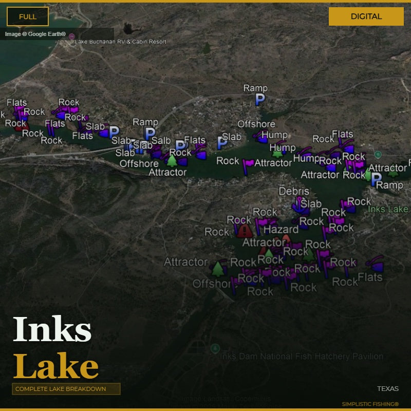 Map of Inks Lake with various fishing spots labeled on a digital display.