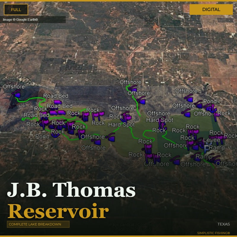 Map of J.B. Thomas Reservoir with fishing spots marked on a digital display.