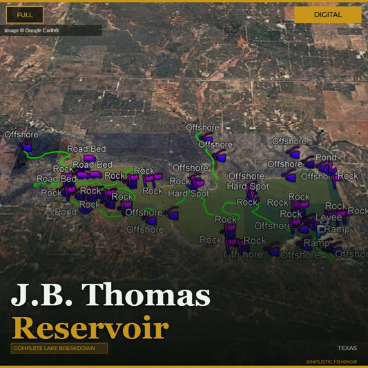 Map of J.B. Thomas Reservoir with fishing spots marked on a digital display.