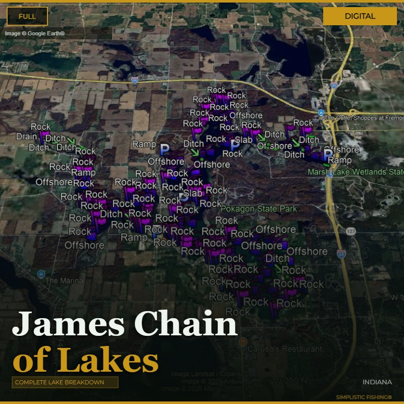 Map of the James Chain of Lakes with various lake markers and labels.