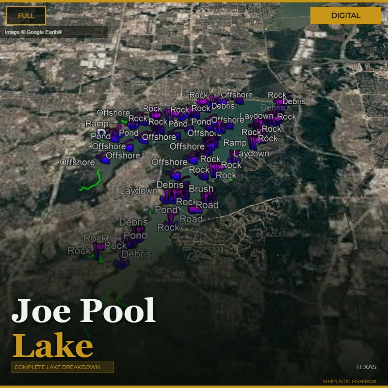 Map of Joe Pool Lake with various markers indicating different fishing spots and hazards.
