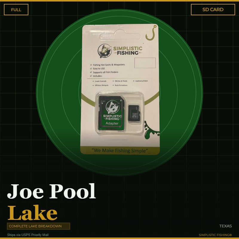 Packaging of Simplistic Fishing product with SD card on a green circle background