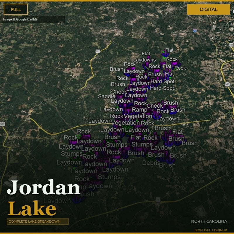 Map of Jordan Lake with various fishing spots labeled on a digital display.