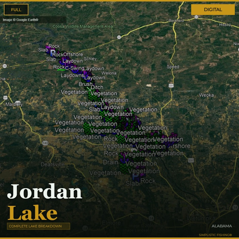 Map of Jordan Lake with various fishing spots labeled on a digital interface.