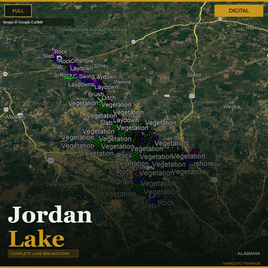 Map of Jordan Lake with various fishing spots labeled on a digital interface.