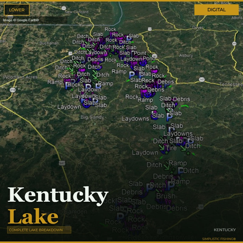 Map of Kentucky Lake with fishing spots marked on a digital interface