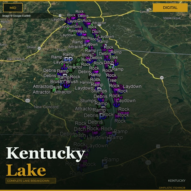 Map of Kentucky Lake with various fishing spots marked on a digital interface.