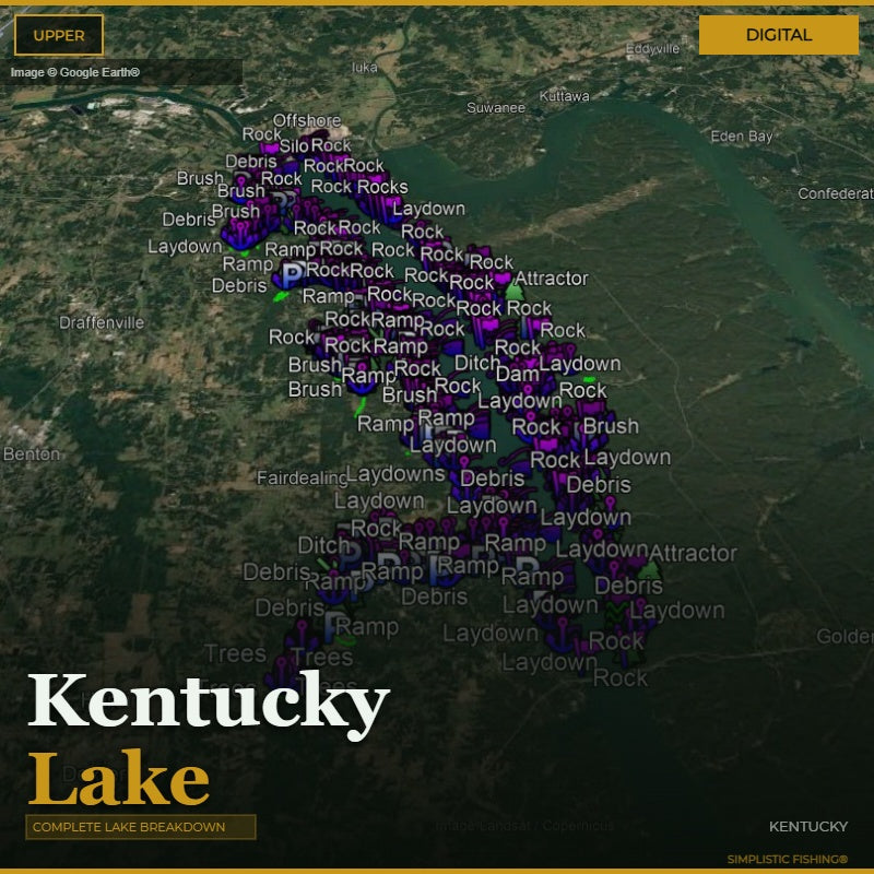 Map of Kentucky Lake with fishing spots labeled on a digital interface.