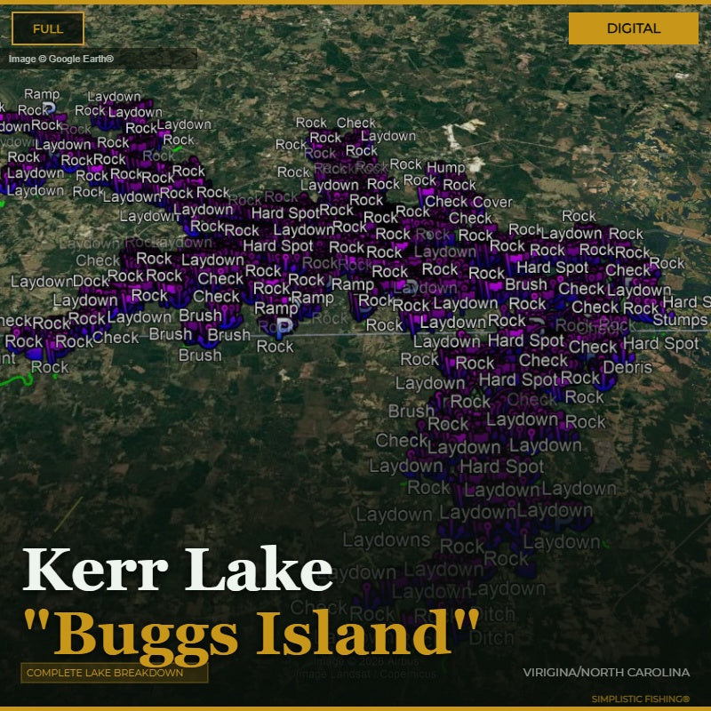 Map of Kerr Lake with various fishing spots labeled on a digital interface.