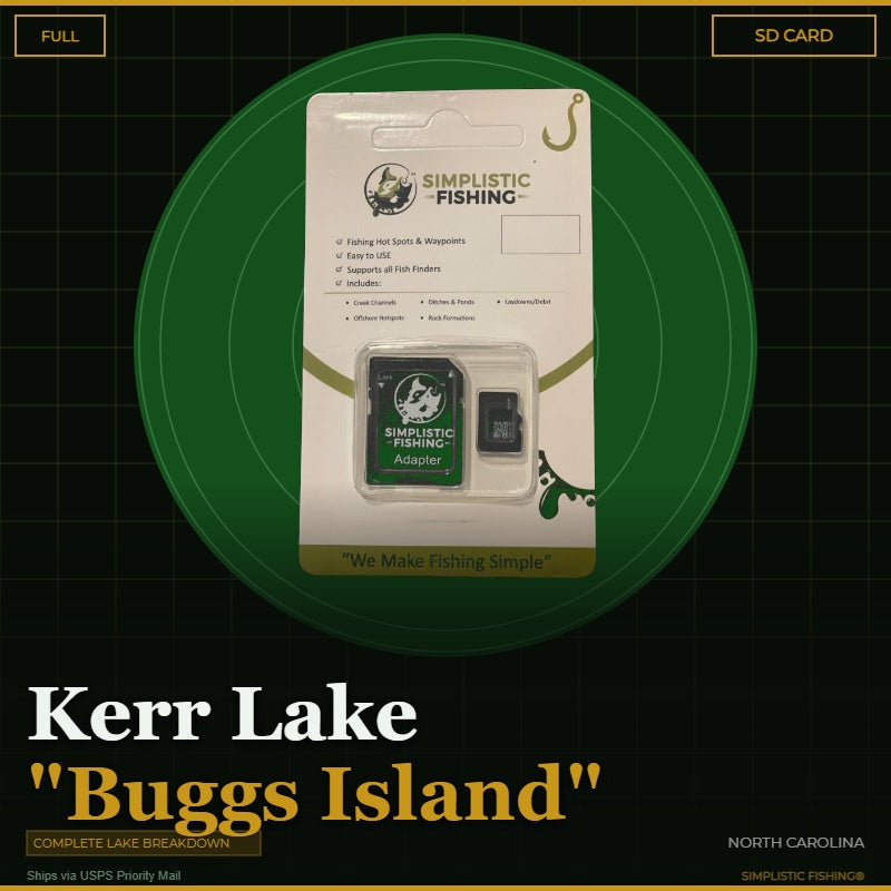 Packaging of Simplistic Fishing products with text 'Kerr Lake Buggs Island' on a green and black background.