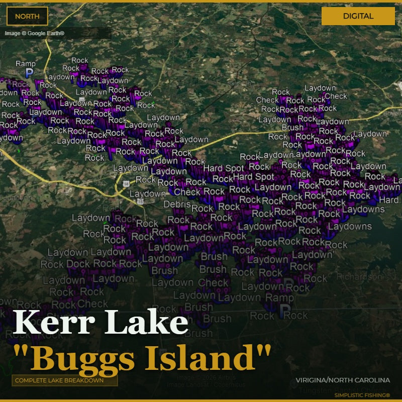 Map of Kerr Lake with fishing spots labeled, titled 'Buggs Island'.