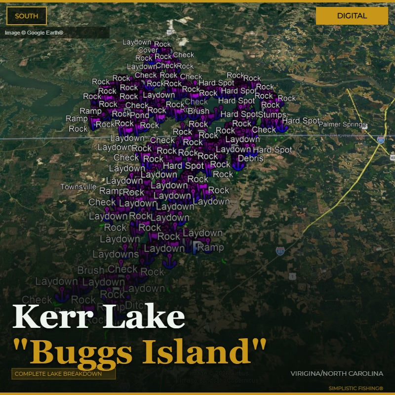 Map of Kerr Lake with fishing spots marked, labeled 'Buggs Island'.