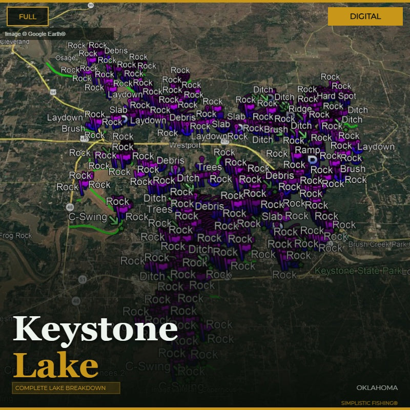 Map of Keystone Lake with various fishing spots labeled on a digital display.