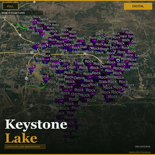 Map of Keystone Lake with various fishing spots labeled on a digital display.