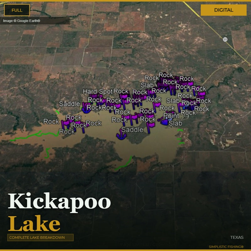 Map of Kickapoo Lake with labeled rock formations on a digital background