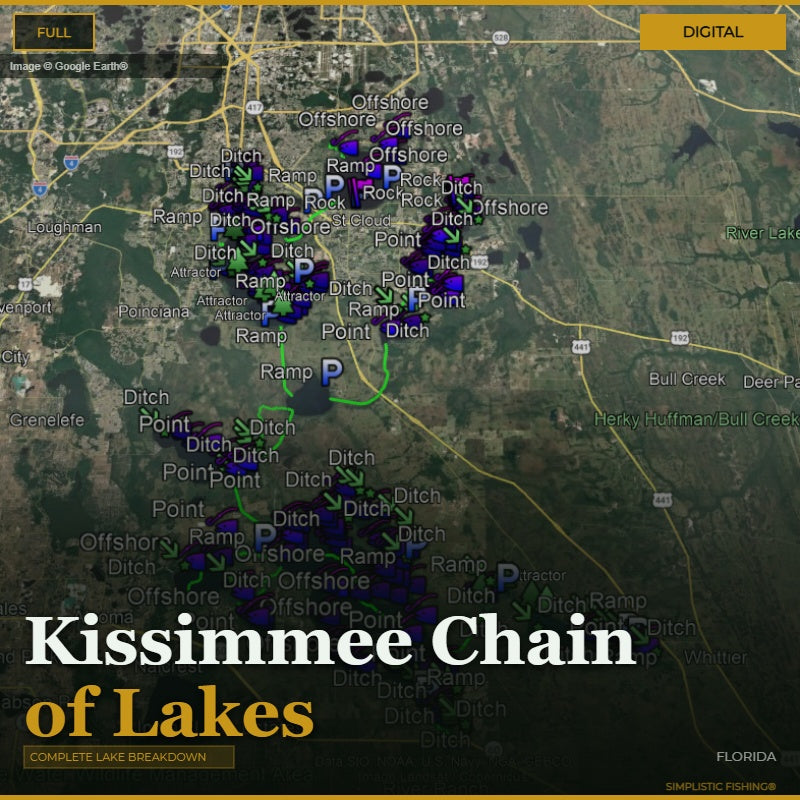 Map of the Kissimmee Chain of Lakes, Florida with bass fishing waypoints and structure labeled on a digital display.