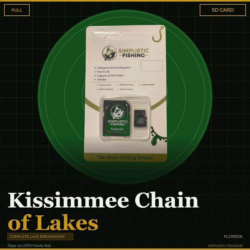 Simplistic Fishing SD card packaging on a green circle with 'Kissimmee Chain of Lakes' text.