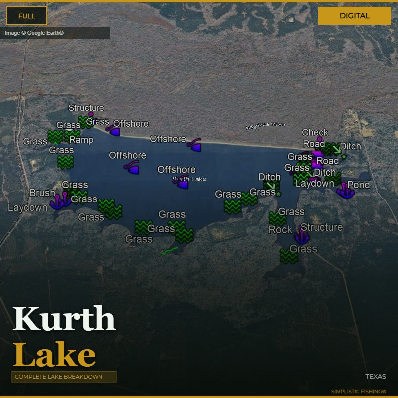 Map of Kurth Lake with various markers indicating different features