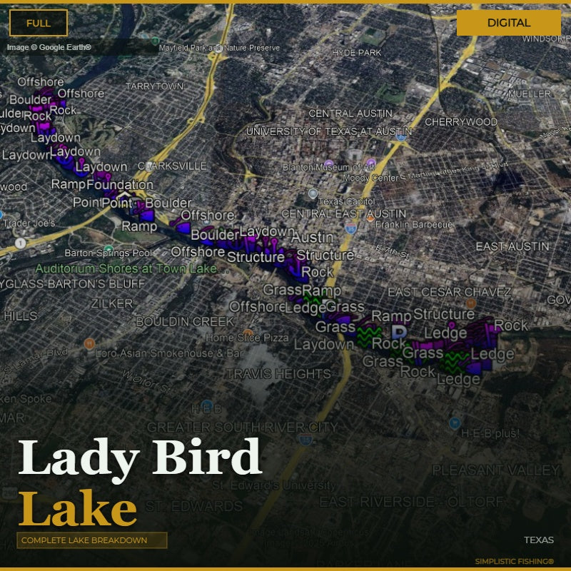 Map of Lady Bird Lake with labeled features and 'Digital' watermark
