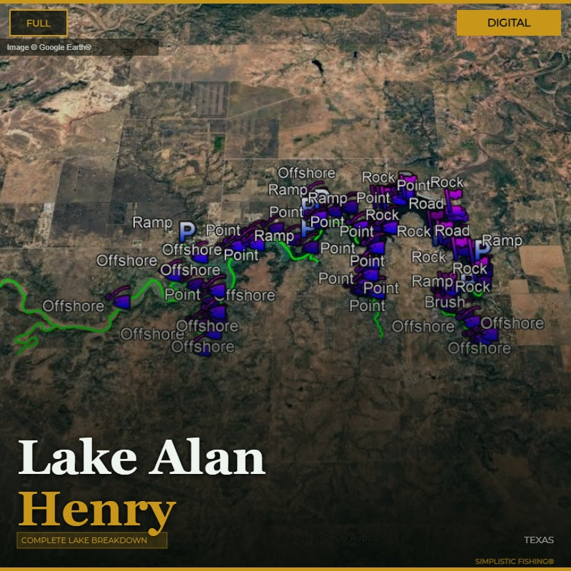 Map of Lake Alan Henry with fishing points marked on a digital display.