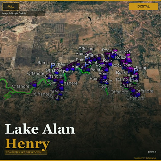 Map of Lake Alan Henry with fishing points marked on a digital display.