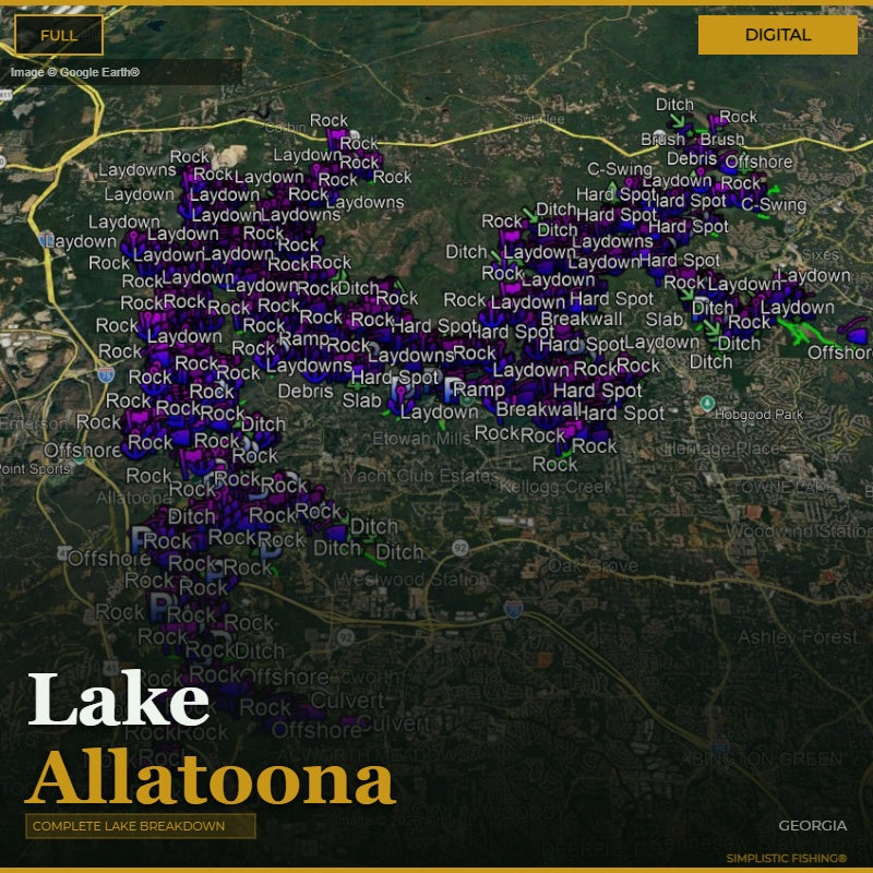 Map of Lake Allatoona with fishing spots labeled on a digital interface.